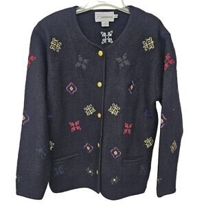 Vintage Wool Embroidered Cardigan Womens Medium‎ Black Whimsigoth Office